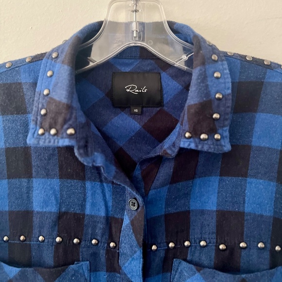 Rails Blue & Black Buffalo Check Studded Flannel Long Sleeve Shirt Size XS - Picture 2 of 8